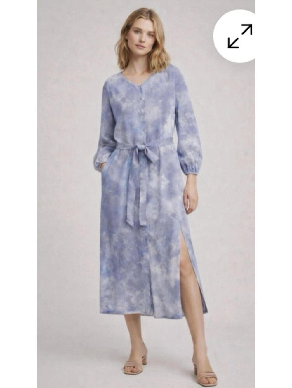 Zara linen blend sz M maxi blue tye die button down ballon sleeve dress no belt